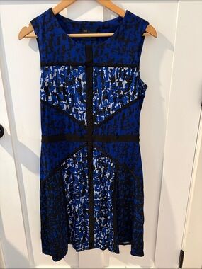 Just...Taylor Blue, Black & White Patterned Sleeveless Fit-and-Flare Dress